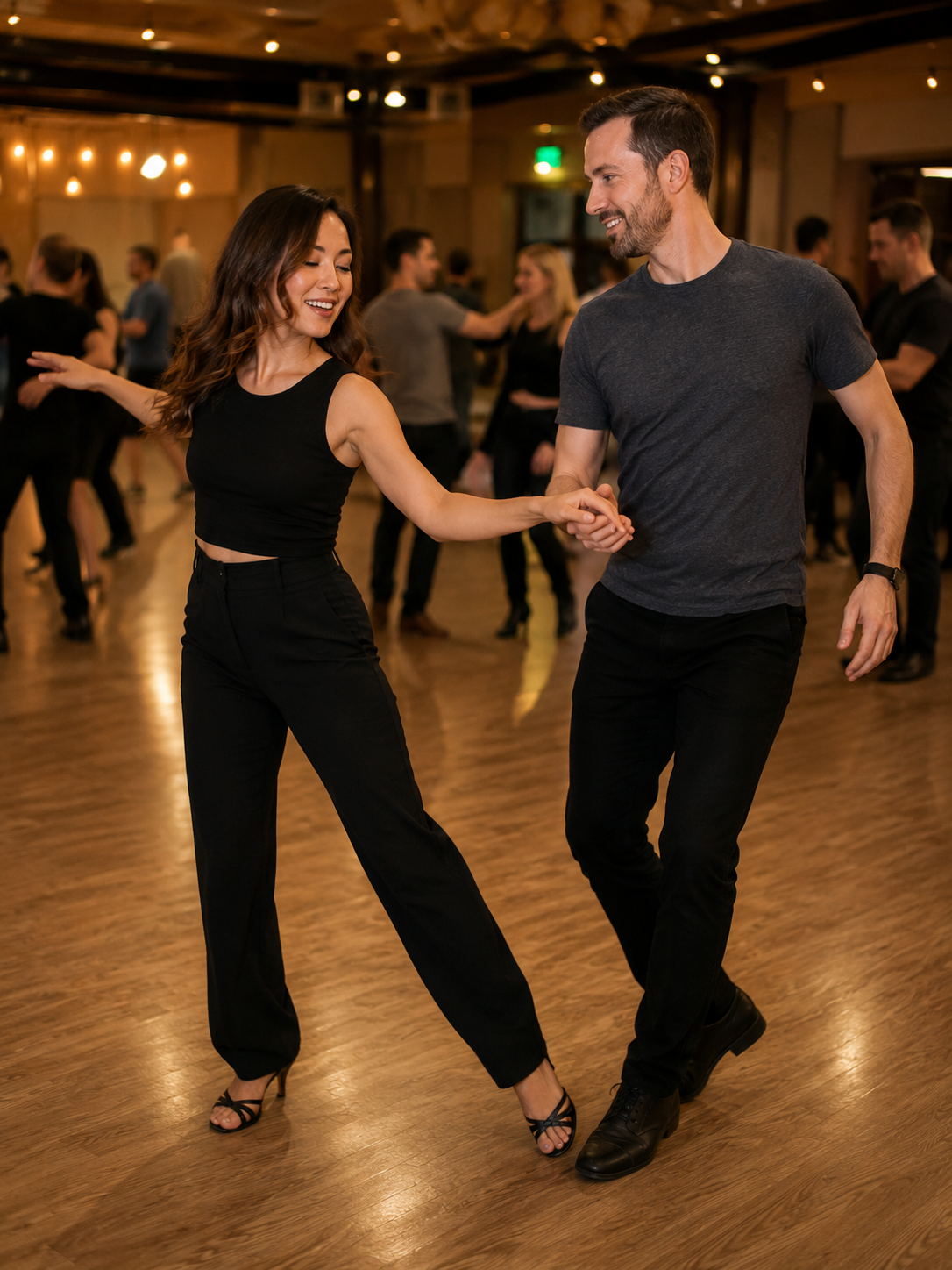 Couple dancing West Coast Swing at a social dance.