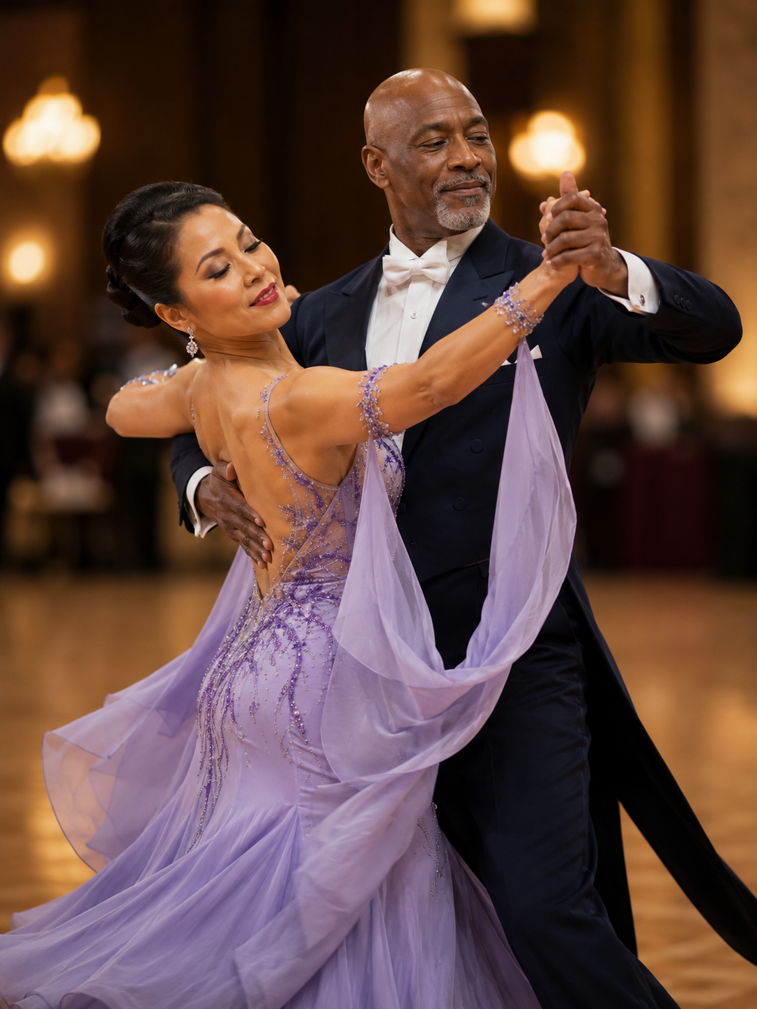Mature couple dancing ballroom in formal attire.