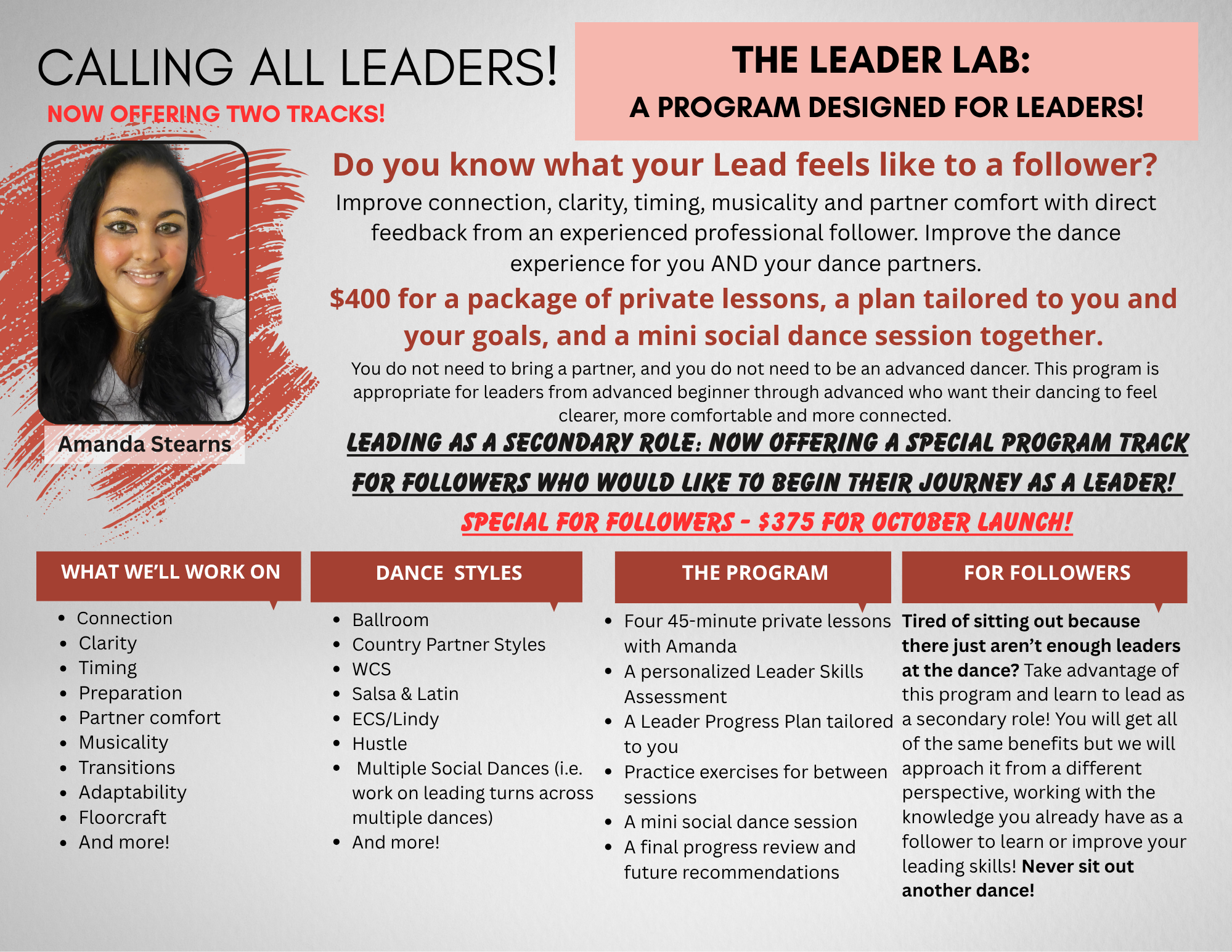 Leader Lab flyer describing two personalized four-lesson tracks with Amanda: improving current leading skills and learning to lead as a secondary role.